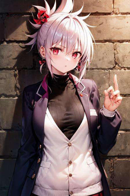 masterpiece, best quality, absurdres, perfect anatomy, 1girl, solo, Matsuri Kazamaki, hair ornament, pinwheel, earrings, sharp eyes, choker, neon shirt, open jacket, turtleneck sweater, night, against wall, brick wall, graffiti, dim lighting, alley, looking at viewer, <lora:MatsuriKazamaki:0.9>