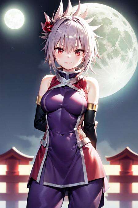 masterpiece, best quality, absurdres, perfect anatomy, 1girl, solo, Matsuri Kazamaki, hair ornament, pinwheel, ninja, armlet, fishnet bodysuit, black gloves, elbow gloves, bare shoulders, standing, smile, moon, moonlight, night, night sky, outdoors,  arms behind back, <lora:MatsuriKazamaki-08:1>