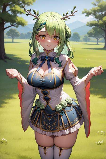 masterpiece, best quality, absurdres, perfect anatomy, 1girl, solo, Ceres Fauna, antlers, FaunaBase, long hair, braided bangs, hair flower, blue dress, wide sleeves, single thighhigh, bridal gauntlets, smile, outdoors, nature scene, large breasts