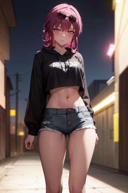 masterpiece, best quality, absurdres, perfect anatomy, 1girl, solo, KafkaHSR, purple eyes, bangs, long hair, eyewear on head, sunglasses, stylish outfit, hip hop, midriff, denim shorts, cropped hoodie, night, alley, neon lights, confident stance