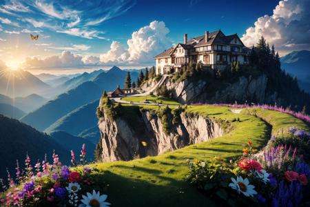 a villa on a high mountain cliff,shell element,crazy curve,((the verdant mountains)),((fresh flower)),butterfly fluttering,blue sky,white cloud,the sun is shining brightly,