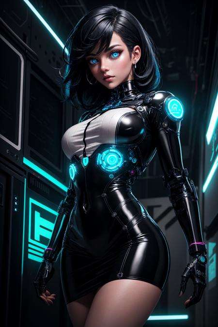 full body of cyborg lady, cybernetic jaw, mechanical parts, white shirt, unbottoned, black latex skirt, metal skin, glowing red eyes, cables, wires, black hair, simple backgroundmasterpiece, best quality, realistic, ultra highres, depth of field, (full dual colour neon lighting:1.2), (detailed face:1.2), (detailed eyes:1.2), (detailed background:1.2), (mountain:1) (masterpiece:1.2), (ultra detailed), (best quality), intricate, comprehensive cinematic, magical photography, (gradients), colorful, detailed landscape, visual key, shiny skin,