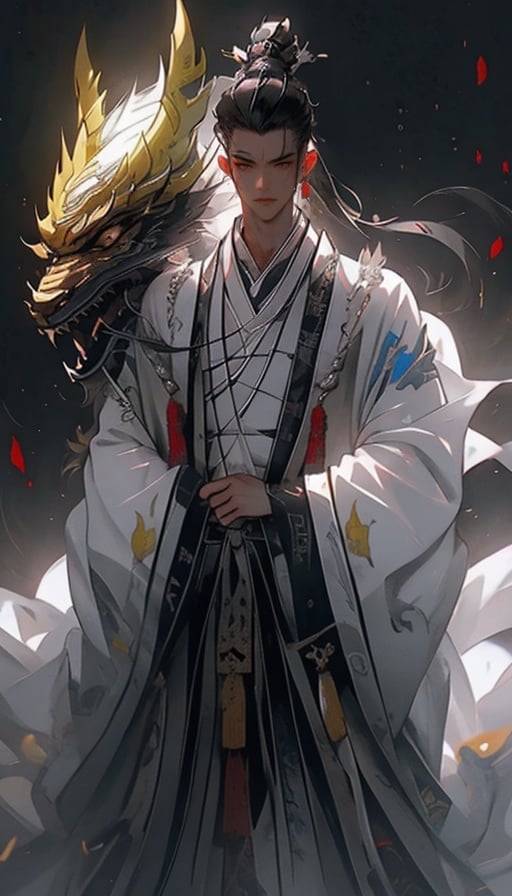 Masterpiece,best quality,high definition,1boy, dragon, male_focus, black_hair, eastern_dragon, oversized_animal, <lora:huafeng-000012:1>,hf_xy,White clothes，solo,hair_bun,long_sleeves,hanfu,chinese_clothes,<lora:daoshi:0.7>,masterpiece,Optimum quality,Pretty face,(1boy:1.6),(style by artist Andrew Jones),Science and technology,Future,cyberpunk,Mecha,temple,<lora:huafeng2-000018:0.8>,hf_xy