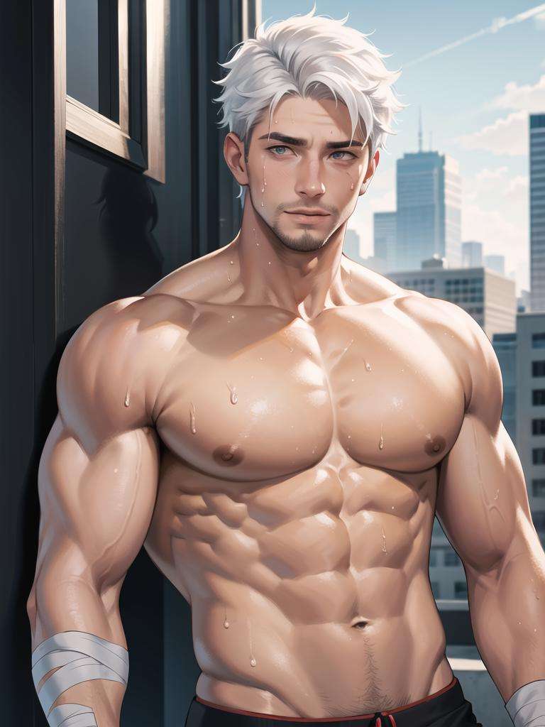 best quality,masterpiece,highres,realistic,1boy,upper body, looking at viewer,city, <lyco:niji (2):1.0>,niji3,pectorals, abs, biceps, white hair,fake facial hair,bandaged arm,sweat, 