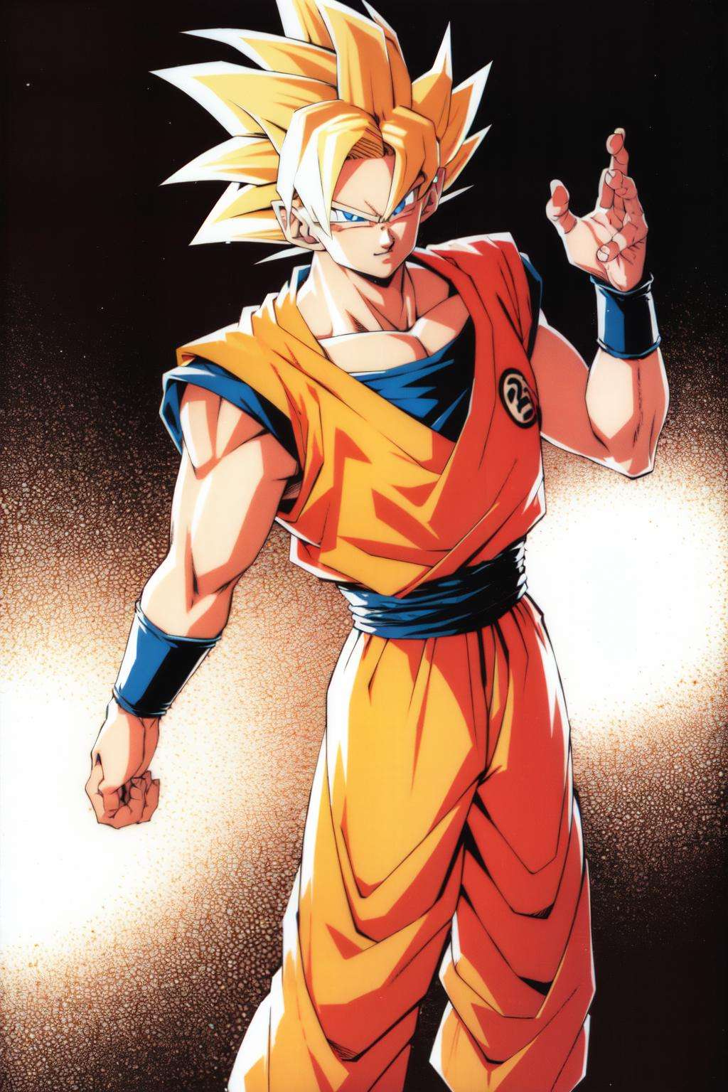 toriyama akira, 1boy, blonde hair, blue eyes, dragon ball, (dragonball z), highres, male focus, solo, son goku, super saiyan