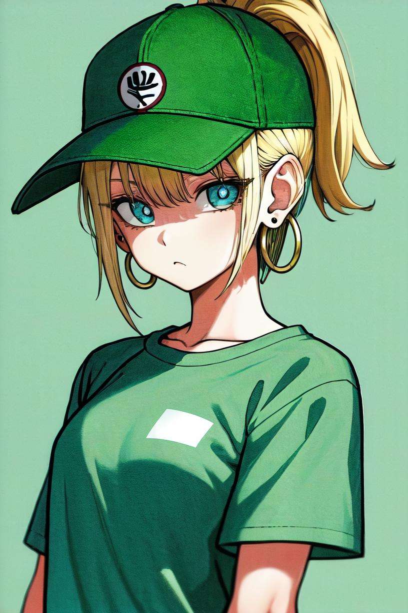 toriyama akira, masterpiece, best quality, 1girl, aqua eyes, baseball cap, blonde hair, closed mouth, earrings, green background, hat, hoop earrings, jewelry, looking at viewer, shirt, short hair, simple background, solo, upper body, yellow shirt