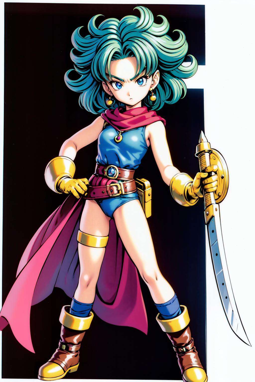 toriyama_akira, 1girl, asymmetrical_legwear, big_hair, blue_eyes, boots, curly_hair, dragon_quest, dragon_quest_ii, dragon_quest_iv, earrings, full_body, gloves, green_hair, heroine_(dq4), highres, holding, jewelry, leotard, looking_at_viewer, official_art, serious, shield, simple_background, single_glove, sleeveless, solo, sword, thigh_strap, toriyama_akira, uneven_legwear, weapon, white_background