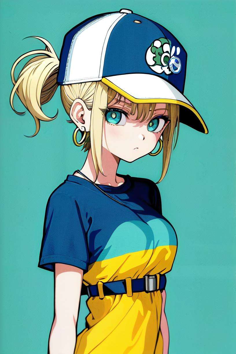 toriyama akira, masterpiece, best quality, 1girl, aqua eyes, baseball cap, blonde hair, closed mouth, earrings, green background, hat, hoop earrings, jewelry, looking at viewer, shirt, short hair, simple background, solo, upper body, yellow shirt