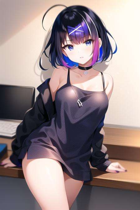 masterpiece, best quality, 1girl,(solo:1.3),standing,HibikiHimekawa,short hair,multicolored hair,black hair,purple hair,blue hair,cross hair ornaments,blue eyes,