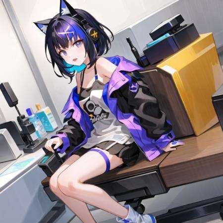 masterpiece, best quality, 1girl,(solo:1.3),standing,official art, simple background, close-up,HibikiHimekawa,short hair,multicolored hair,black hair,purple hair,blue hair,cross hair ornaments,blue eyes,cat ear headphones,