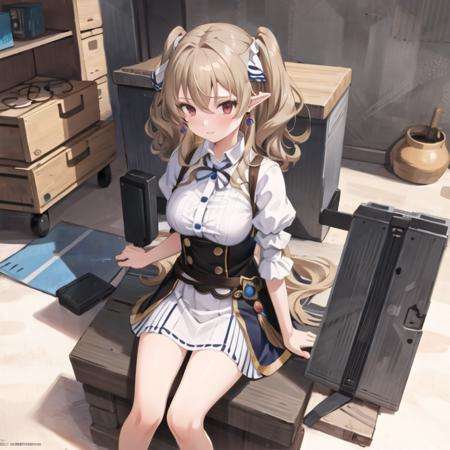 masterpiece, best quality, 1girl,(solo:1.3),standing,official art, simple background, close-up,looking at viewer, Xenia,long hair,two sided ponytail,red eyes,blonde hair,large breasts,