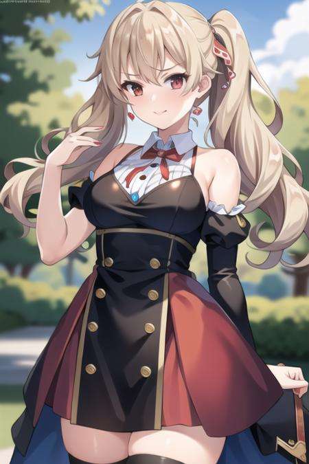 masterpiece, best quality,1girl, (solo:1.3),standing,Xenia,long hair,two sided ponytail,red eyes,blonde hair,large breasts,