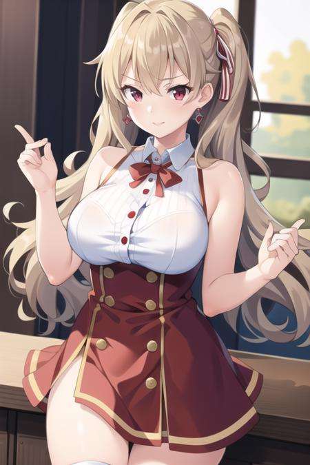 masterpiece, best quality,1girl, (solo:1.3),standing,Xenia,long hair,two sided ponytail,red eyes,blonde hair,large breasts,