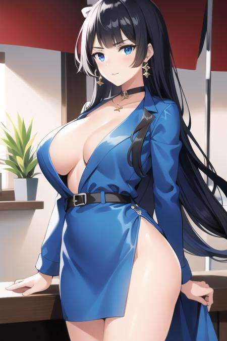 masterpiece, best quality,1girl, (solo:1.3),standing,Fuzi,long hair,black hair,blue eyes,huge breasts,