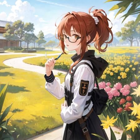 masterpiece, best quality, 1girl,(solo:1.3),standing,official art, simple background, close-up,looking at viewer, TerasakiChihori,1girl,orange eyes,glasses,brown hair, short hair, ponytail,