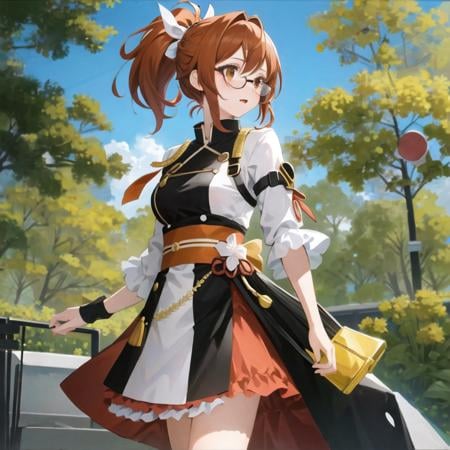 masterpiece, best quality, 1girl,(solo:1.3),standing,official art, simple background, close-up,looking at viewer, TerasakiChihori,1girl,orange eyes,glasses,brown hair, short hair, ponytail,