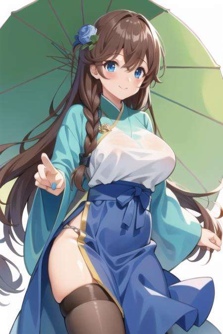 masterpiece, best quality, 1girl,(solo:1.3),standing,Qingkuniang,huge breasts,long hair,brown hair,blue eyes,