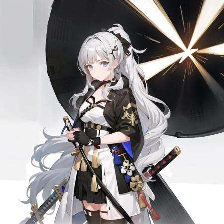 masterpiece, best quality, 1girl,(solo:1.3),standing,official art, simple background, close-up,looking at viewer, SaionjiKazuha,long hair,ponytail,white hair,blue eyes,katana, 