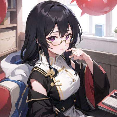 masterpiece, best quality, 1man,(solo:1.3),standing,official art, simple background, close-up,looking at viewer, OnoderaNanaha,long hair,black hair,purple eyes,glasses,huge breasts,