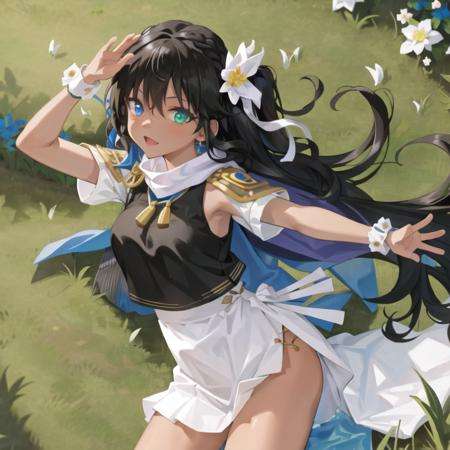 masterpiece, best quality, 1girl,(solo:1.3),standing,official art, simple background, close-up,looking at viewer, Sara,dark skin,tanned skin,long hair,black hair,huge breasts,heterochromia, blue eyes,green eyes,