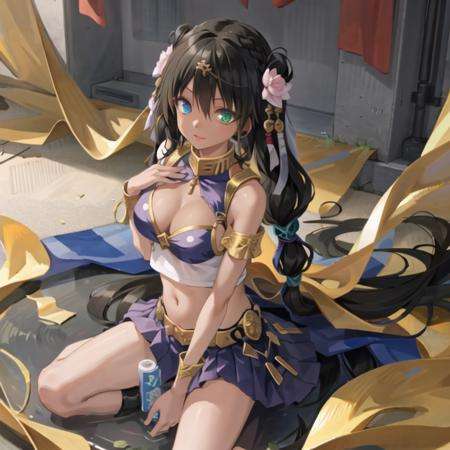 masterpiece, best quality, 1girl,(solo:1.3),standing,official art, simple background, close-up,looking at viewer, Sara,dark skin,tanned skin,long hair,black hair,huge breasts,heterochromia, blue eyes,green eyes,