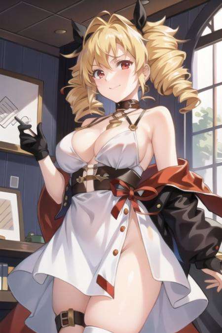 masterpiece, best quality,1girl, (solo:1.3),standing,Mirai,blonde hair,red eyes,huge breasts,short hair,two sided ponytail,