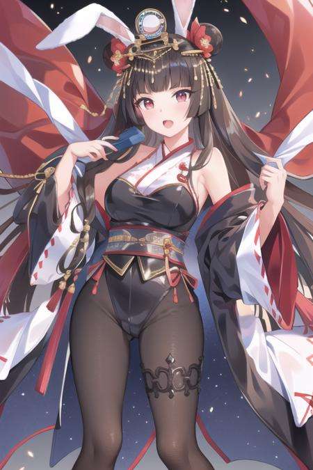 masterpiece, best quality,1girl, (solo:1.3),standing,KaguyaHime,long hair,black hair,red eyes,rabbit ears,