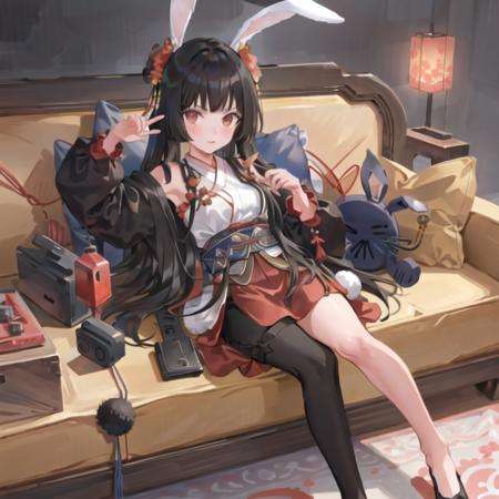 masterpiece, best quality, 1man,(solo:1.3),standing,official art, simple background, close-up,looking at viewer, KaguyaHime,long hair,black hair,red eyes,rabbit ears,