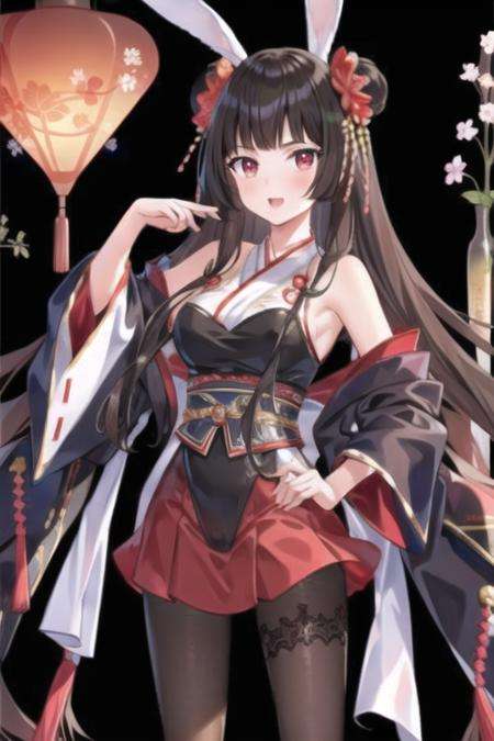 masterpiece, best quality,1girl, (solo:1.3),standing,KaguyaHime,long hair,black hair,red eyes,rabbit ears,