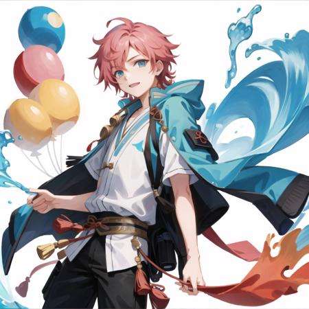 masterpiece, best quality, 1boy,(solo:1.3),standing,official art, simple background, close-up,looking at viewer, Qixi,1boy,pink hair,short hair,aqua eyes,