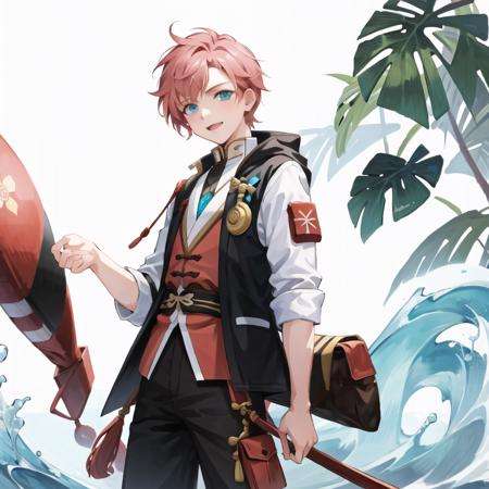 masterpiece, best quality, 1boy,(solo:1.3),standing,official art, simple background, close-up,looking at viewer, Qixi,1boy,pink hair,short hair,aqua eyes,