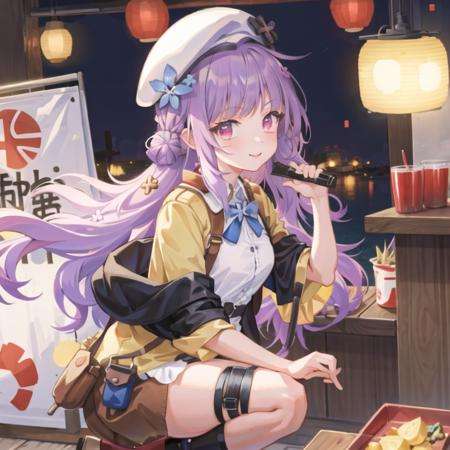 masterpiece, best quality, 1girl,(solo:1.3),standing,official art, simple background, close-up,looking at viewer, TakanashiHinata,long hair, light purple hair,red eyes,beret,