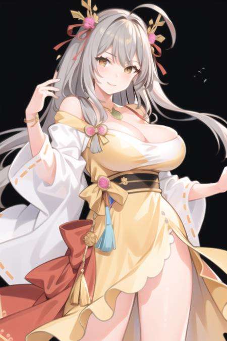 masterpiece, best quality,1girl, (solo:1.3),standing,SawakoKitami,long hair,silver hair,ahoge,orange eyes,huge breasts,