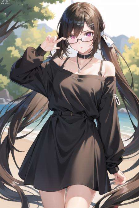 masterpiece, best quality,1girl, (solo:1.3),standing,MorikawaAyako,long hair,black hair,red eyes,two sided ponytail,hair over eyes,(black glasses),