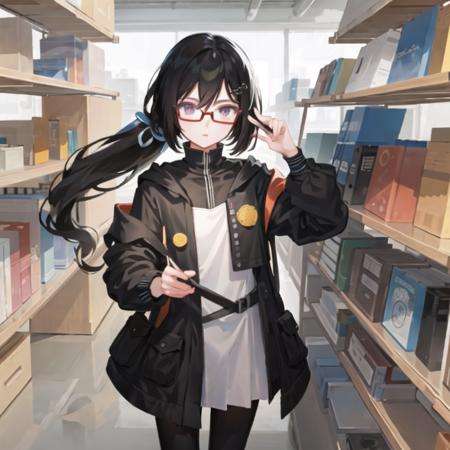 masterpiece, best quality, 1man,(solo:1.3),standing,official art, simple background, close-up,looking at viewer, MorikawaAyako,long hair,black hair,red eyes,two sided ponytail,hair over eyes,black glasses,