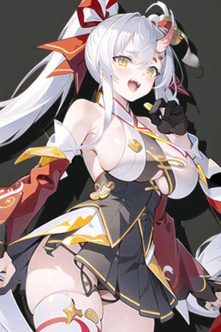 masterpiece, best quality, 1girl,(solo:1.3),standingNian,1girl,monster girl,horn,white skin,long hair,white hair,two sided ponytail,yellow eyes,huge breasts,