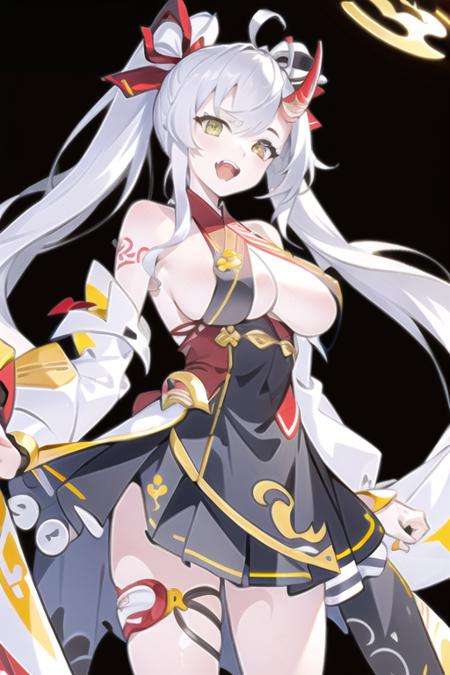 masterpiece, best quality, 1girl,(solo:1.3),standingNian,1girl,monster girl,horn,white skin,long hair,white hair,two sided ponytail,yellow eyes,huge breasts,