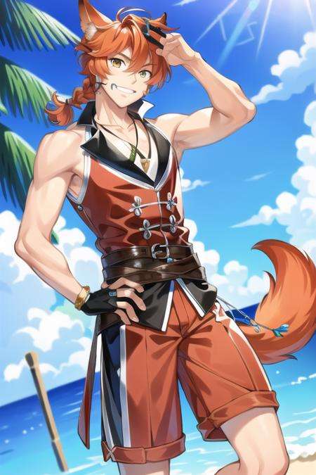 masterpiece, best quality, 1boy,(solo:1.3),standingEin,1boy,fox ears,fox tail,orange hair,short hair,braid,yellow eyes,black hair band,