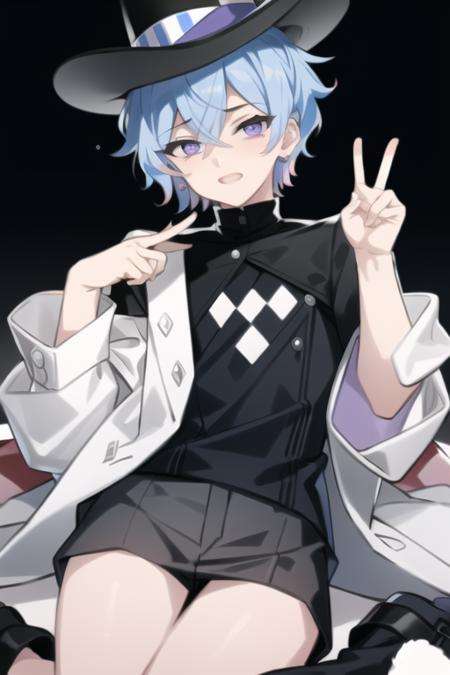 masterpiece, best quality, (1boy:1.3),(solo:1.3),standingRyan,1boy,multicolored hair,short hair,light blue hair,pink hair,purple eyes,magic hat,