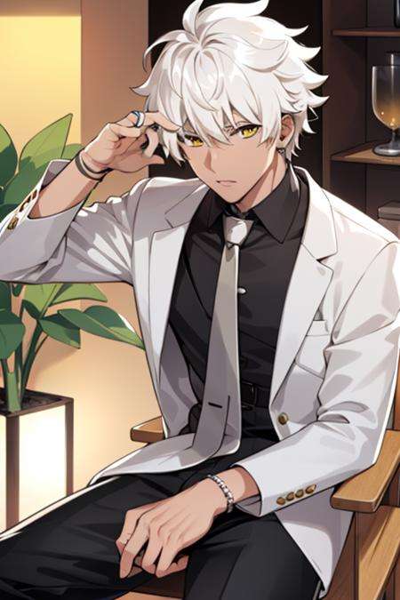 masterpiece,high quality,solo, <lora:A37:0.6>,A37,1man,white hair,short hair,yellow eyes,tan,