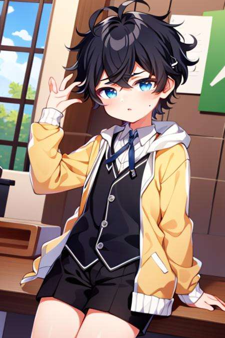 masterpiece,high quality,solo, <lora:IchinoseSora-000016:0.8>,IchinoseSora,(1boy:1.3),short hair,black hair,blue eyes,ahoge,