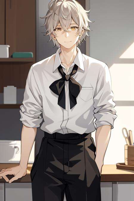 masterpiece,high quality,solo, <lora:IshiharaUsumi:0.8>,IshiharaUsumi,1boy,short hair,white hair,orange eyes,ahoge,