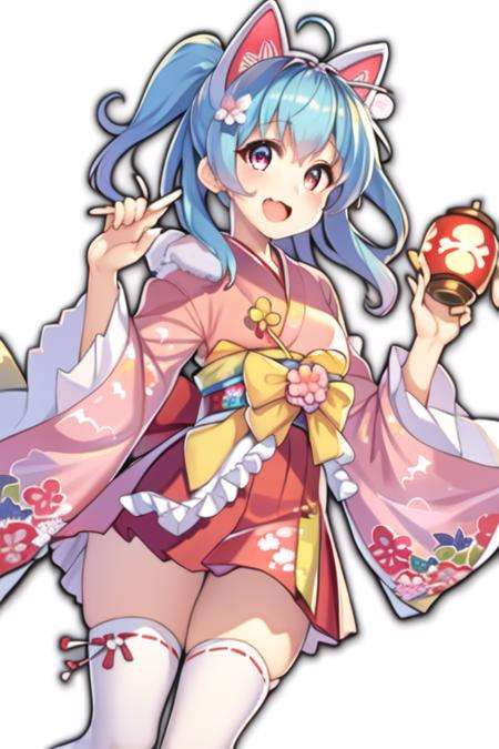 masterpiece,best quality,1girl,(solo:1.2),<lora:Haruna(Majsoul)-000007:0.8>,Majsoul,Haruna,Haruna_kimono,standing,open mouth,happy,light blue hair,orange eyes,white cat ear hairband,ahoge,ponytail,flower ornament,(pink kimono:1.3),(red hakama skirt:1.2),white legwear,white gloves,gradient kimono,floral print,geta,fur scarf,sash,flat chest,spring festival,lantern,