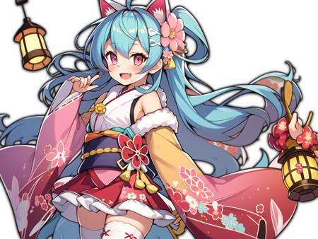 masterpiece,best quality,1girl,(solo:1.2),Majsoul,Haruna,Haruna_kimono,1girl,solo,standing,open mouth,happy,light blue hair,orange eyes,white cat ear hairband,ahoge,ponytail,flower ornament,(pink kimono:1.2),red hakama skirt,white legwear,white gloves,gradient kimono,floral print,geta,fur scarf,sash,flat chest,loli,child,official art,spring festival,lantern,, <lora:EMS-577-EMS:0.7>