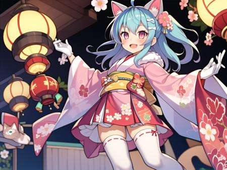 masterpiece,best quality,1girl,(solo:1.2),Majsoul,Haruna,Haruna_kimono,1girl,solo,standing,open mouth,happy,light blue hair,orange eyes,white cat ear hairband,ahoge,ponytail,flower ornament,(pink kimono:1.2),red hakama skirt,white legwear,white gloves,gradient kimono,floral print,geta,fur scarf,sash,flat chest,loli,child,official art,spring festival,lantern,, <lora:EMS-577-EMS:0.7>