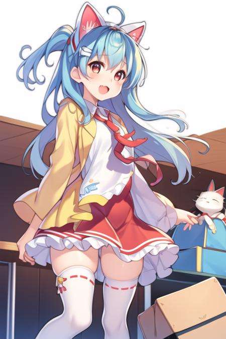 masterpiece,best quality,<lora:Haruna(Majsoul)-000007:0.7>,Majsoul,Haruna,Haruna_cafe,1girl,solo,standing,full body,open mouth,happy,light blue hair,orange eyes,white cat ear hairband,ahoge,red necktie,neck bell,yellow cardigan,(white dress),white thighhighs,brown boots,flat chest,(arms behind back:1.2),