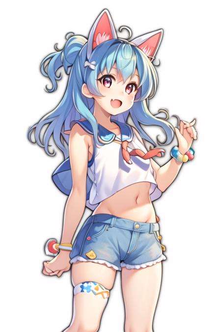 masterpiece,best quality,<lora:Haruna(Majsoul)-000007:0.8>,Majsoul,Haruna,Haruna_original,1girl,solo,standing,full body,open mouth,happy,light blue hair,orange eyes,white cat ear hairband,ahoge,ponytail,serafuku,sleeveless,wrist band,blue short jeans,flat chest,(arms behind back:1.2),