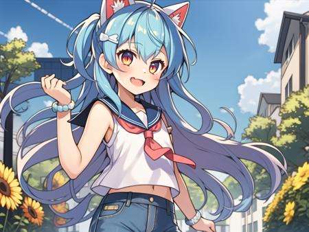 masterpiece,best quality,1girl,(solo:1.2),Majsoul,Haruna,Haruna_original,1girl,solo,standing,upper body,open mouth,happy,light blue hair,orange eyes,white cat ear hairband,ahoge,ponytail,serafuku,no sleeves,wrist band,blue short jeans,flat chest,loli,child,school,official art,buildings,trees,, <lora:EMS-577-EMS:0.7>