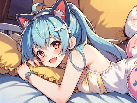 masterpiece,best quality,1girl,(solo:1.2),Majsoul,Haruna,open mouth,happy,light blue hair,orange eyes,white cat ear hairband,ahoge,ponytail,flat chest,loli,child,official art,lying on bed,pajamas,pillow,animal toy,, <lora:EMS-577-EMS:0.7>