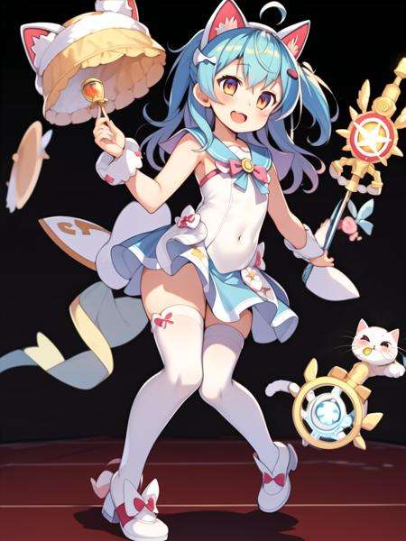 masterpiece,best quality,1girl,(solo:1.2),Majsoul,Haruna,open mouth,happy,light blue hair,orange eyes,white cat ear hairband,ahoge,ponytail,flat chest,loli,child,official art,magical girl,magic circle,magic wand,full body,white thighhighs,, <lora:EMS-577-EMS:0.7>